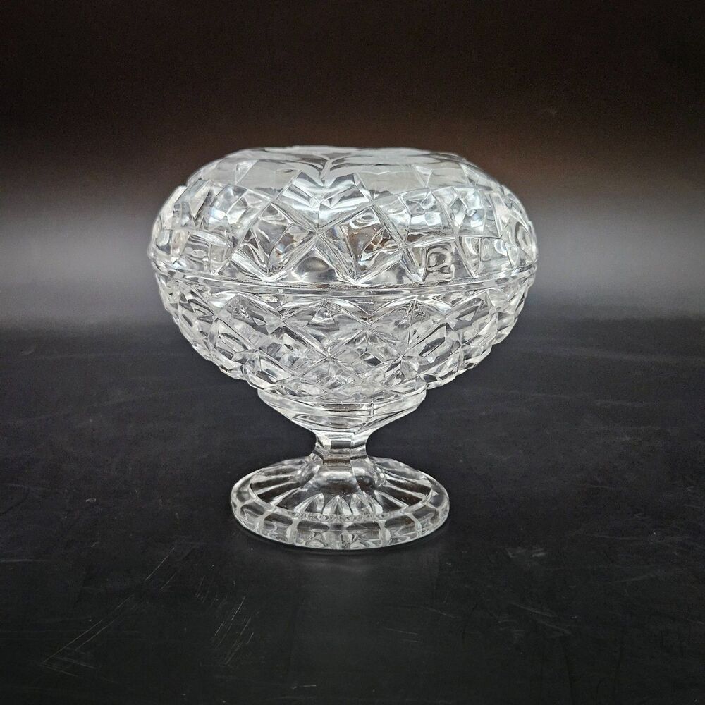 Crystal Pedestal Compote Dish with Floral Etched Lid Vintage